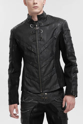 Veste Punk pour Homme en Faux Cuir Noir Extensible avec Col Montant en Sergé